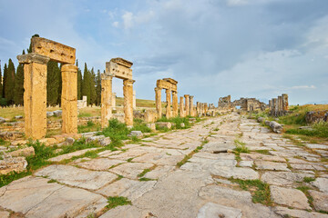 the ruins of the ancient city of Hierapolis on the hill Pamukkale, Turkey.