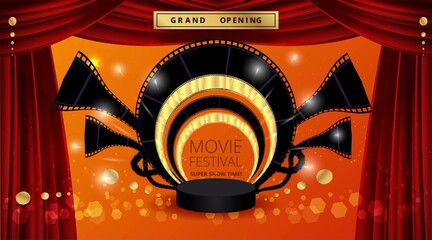 Cinema and  film Theatre hall, movie presentation and competition velvet curtains. Shining light bulbs vintage and luxury festival flyer,