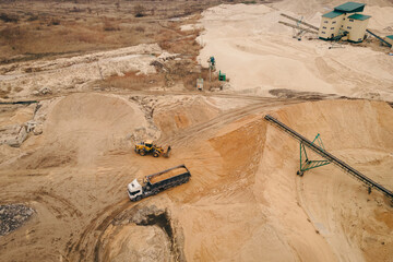 Sand quarry, to divide the dredged material into different fractions at sand extraction, Aerial shot © Leonid