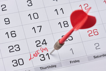 Last day concept. Last day of month highlighted on calendar. 31 day marked with circle. Monthly calendar. Last day concept