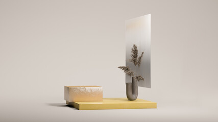 Clean gray space with pale yellow podium, dry spikelets and square glass frame. Natural showcase. Minimal design. 3d rendering.