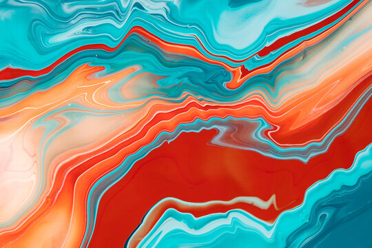 Liquid acrylic background of overflowing paint mix. Fluid art texture of colorful waves and whirling shapes. An abstract mix of fluent dyes that flows up and down and creates a rippled backdrop.