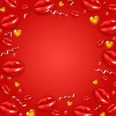 Valentine's Day Background Design with Realistic Lips and Hearts.. Template for advertising, web, social media and fashion ads. Poster, flyer, greeting card. Vector Illustration