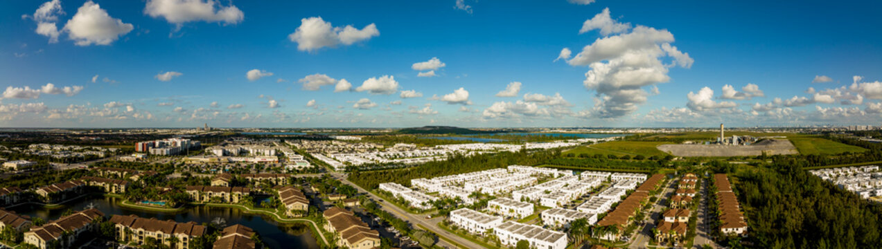 Aerial panorama housing neighborhoods Doral FL