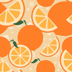 Vector naadloos patroon met hele sinaasappelen en plakjes met witte decoratieve grafische elementen. Helder zomerpatroon. Foto voor verpakking. Platte vrucht. Minimalistische citrus met een steel en bladeren.