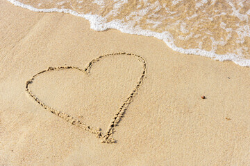 Drawing of a heart drawn on a sandy beach.