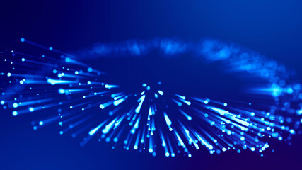 Blue light rays like laser show for bright festive presentation. 3d rendering of abstract blue background with glowing particles like micro world science fiction with depth of field and bokeh.