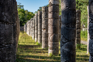 Pillars in Chichen Itza Mayan ruins in Mexico near Cancun