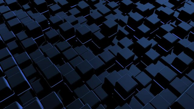4k abstract looped dark background waves of cubes on plane, neon lights. Grid of cubes like blue neon bulbs. VJ cyberpunk neon style bg for event, presentation. Classic simple motion design backdrop