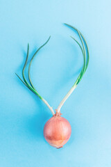 Christmas reindeer concept made of onion on blue background. Minimal winter holidays idea. Flat lay composition. Top view 