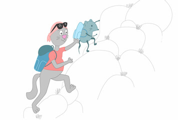 Hiking. Cartoon cat and mouse climb the mountains with backpacks. Friendly travel and pastime. Animal print to print. cat travels with a backpack