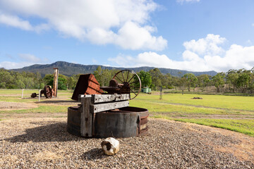 Early morning view of old machinery at an abandoned historical mining town of Mount Britton in...