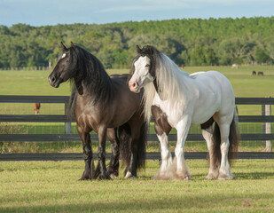 Pair of Gypsy Vanner Horse mares stand together in paddock - obrazy, fototapety, plakaty