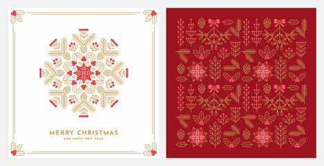 Christmas greeting card design with seamless floral pattern.