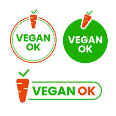 VEGAN OK labels set. Vector illustration for vegan certificate products. Isolated elements on white background. Editable colors.