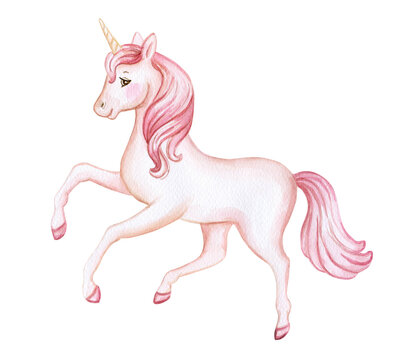 Cartoon unicorn with pink mane Isolated on white background. Watercolor. Illustration. Hand drawing