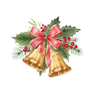 Christmas bells with bows,holly flowers,branches. Christmas  floral bouquet. Watercolor illustration isolated on white background.