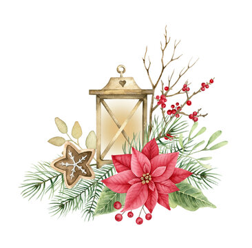 Christmas candlelight with festive bouquet.Watercolor illustration isolated on white background.