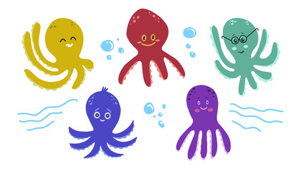 octopus collection hand drawn simple cartoon illustration childs style vector