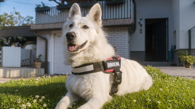 Service dog, a beautiful White Swiss Shepherd, lying calm in the yard.
