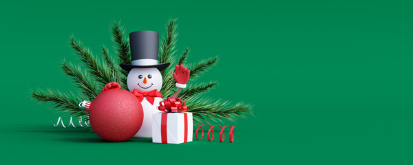 Snowman cute 3d character with Christmas decoration on green background. Merry Christmas and Happy new year concept 3d render 3d illustration