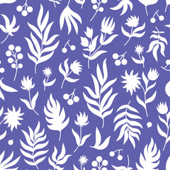 Floral vector seamless pattern. Abstract Plants. Flowers, Leaves and Branches in Silhouette on Lavender Violet background. Trendy Very Peri color texture for textile print, fabric, wrapping paper