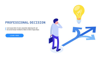 Choice process. Direction choose options, solution, decision. Man thinking. Isometric vector web banner.