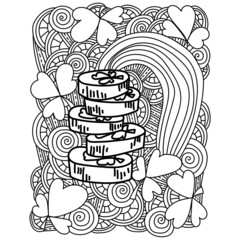 Coloring page with a stack of coins for St. Patrick's day, ornate patterns for festive activity