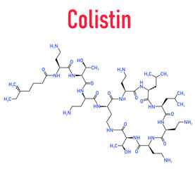 Colistin antibiotic drug molecule. Skeletal formula.