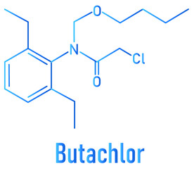 Butachlor herbicide molecule. Skeletal formula.