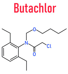 Butachlor herbicide molecule. Skeletal formula.