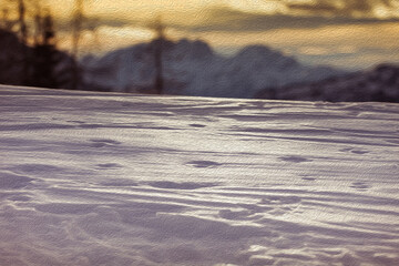 Illustration with oil painting technique of the snow surface with blurred dolomite peaks in the background at sunset. Selva di Cadore, Dolomites, Italy