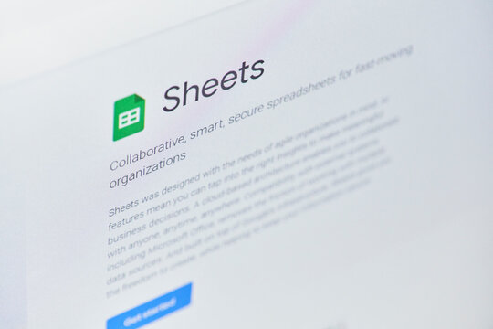 California, United States - 25 November 2021: Google sheets web page on computer monitor. Google Sheets - free spreadsheet program, web-based Google Docs Editors suite offered by Google
