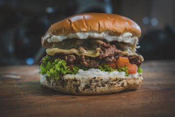 hamburger, lettuce, tomato, bacon, egg