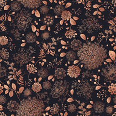 Floral black and gold background. Vintage seamless pattern. Vector.