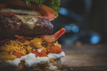 hamburger, lettuce, tomato, bacon, egg