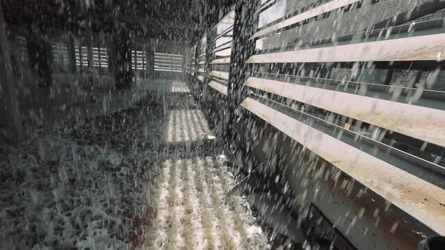 Inside the cooling tower. Water inside the cooling tower. Water droplets inside a cooling tower in a factory