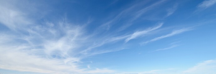 Ornamental clouds. Dramatic sky. Epic storm cloudscape. Soft sunlight. Panoramic image, texture, background, graphic resources, design, copy space. Meteorology, heaven, hope, peace concept