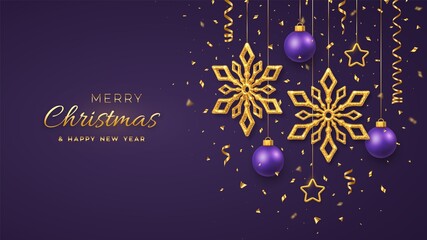 Fototapeta na wymiar Christmas purple background with hanging shining golden snowflakes, 3D metallic stars and balls. Merry christmas greeting card. Holiday Xmas and New Year poster, web banner. Vector Illustration.