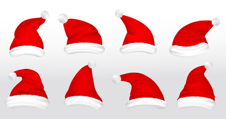 set of realistic red anta hats isolated or claus hat clothes christmas or santa claus red hat winter concept. eps vector