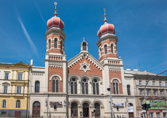 Plzen, Czech Republic, June 2019 - External view of the Great Synagogue (Velká synagoga), the...
