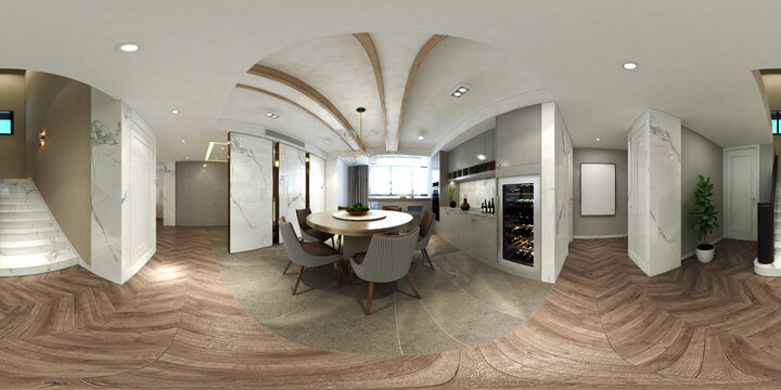360 degrees home kitchen, 3d render