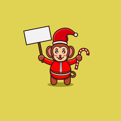 Cute Baby Monkey Bring Blank Banner and Candy, Santa Clause Costume. Character, Mascot, Logo, Cartoon, Icon, and Cute Design.