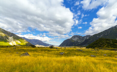 Panoramic View of Aoraki or Mount Cook National Park in the Canterbury Region of South Island, New Zealand