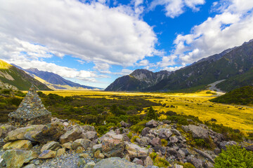 Panoramic View of Aoraki or Mount Cook National Park in the Canterbury Region of South Island, New Zealand