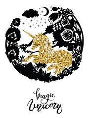 Colorful golden lying unicorn silhouette vector illustration
