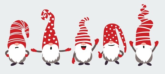 Christmas gnomes vector illustration on gray background. Simple style. - obrazy, fototapety, plakaty