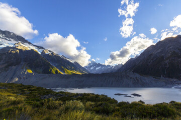 View to Mueller Lake at Aoraki or Mount Cook National Park in the Canterbury Region of South Island, New Zealand