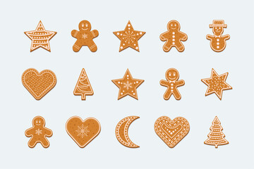 Gingerbread  set. Ginger cookie isolated on white background. Christmas gingerbread figures cover by icing-sugar.  Vector illustration. - obrazy, fototapety, plakaty