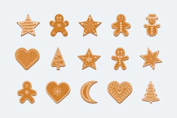 Foto op Plexiglas Gingerbread  set. Ginger cookie isolated on white background. Christmas gingerbread figures cover by icing-sugar.  Vector illustration. © Liubov
